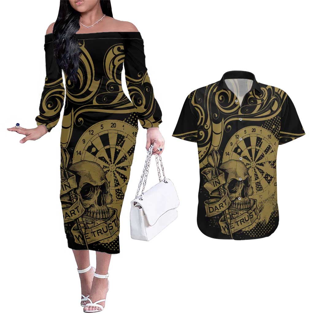 New Zealand Darts Couples Matching Off The Shoulder Long Sleeve Dress and Hawaiian Shirt Skull In Dart We Trust Maori Pattern LT14 Gold - Polynesian Pride