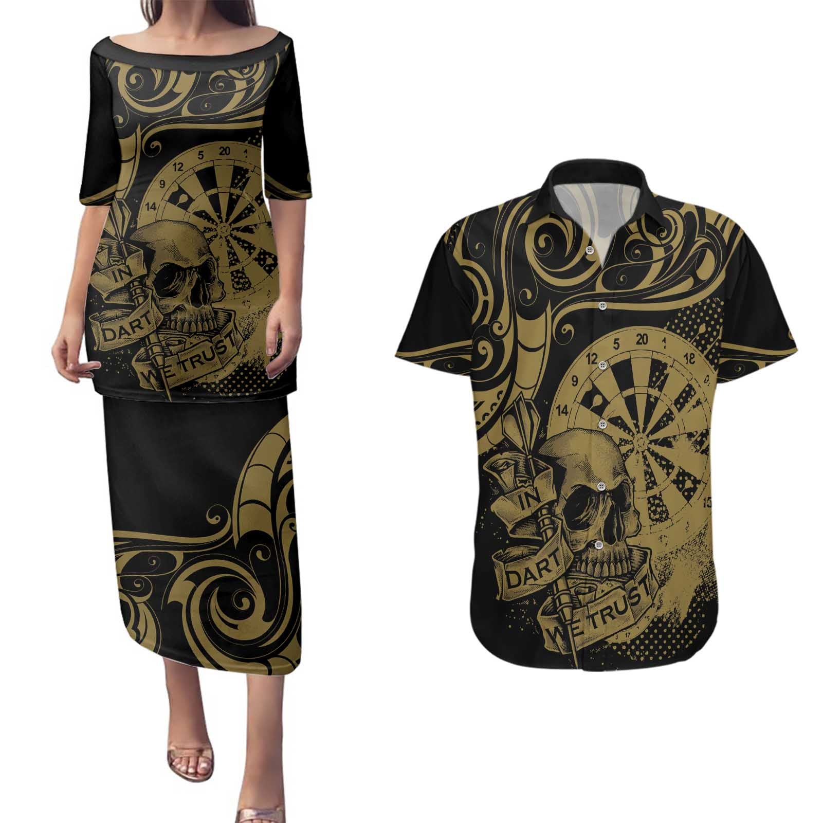 New Zealand Darts Couples Matching Puletasi and Hawaiian Shirt Skull In Dart We Trust Maori Pattern - Polynesian Pride