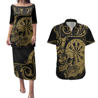 New Zealand Darts Couples Matching Puletasi and Hawaiian Shirt Skull In Dart We Trust Maori Pattern - Polynesian Pride