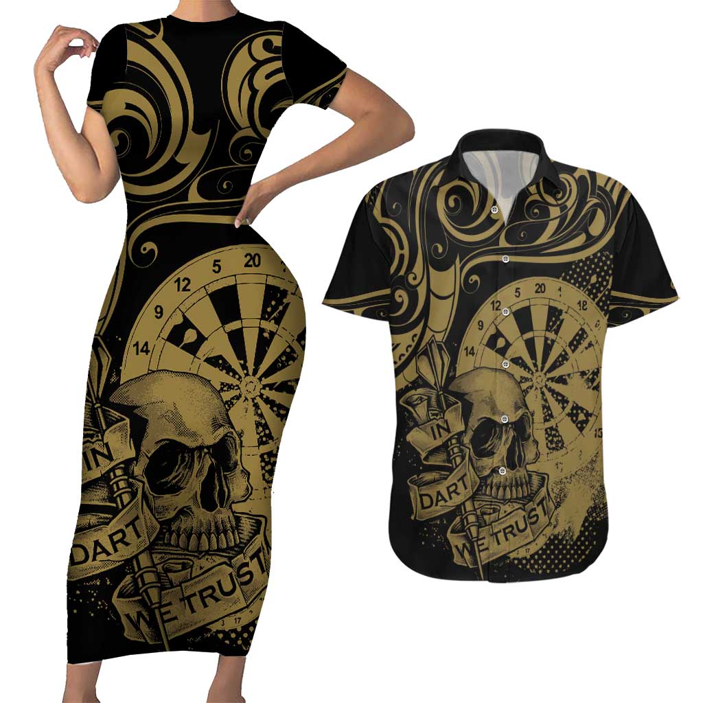 New Zealand Darts Couples Matching Short Sleeve Bodycon Dress and Hawaiian Shirt Skull In Dart We Trust Maori Pattern LT14 Gold - Polynesian Pride
