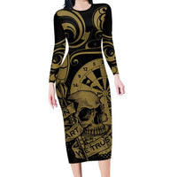 New Zealand Darts Family Matching Long Sleeve Bodycon Dress and Hawaiian Shirt Skull In Dart We Trust Maori Pattern LT14 Mom's Dress Gold - Polynesian Pride