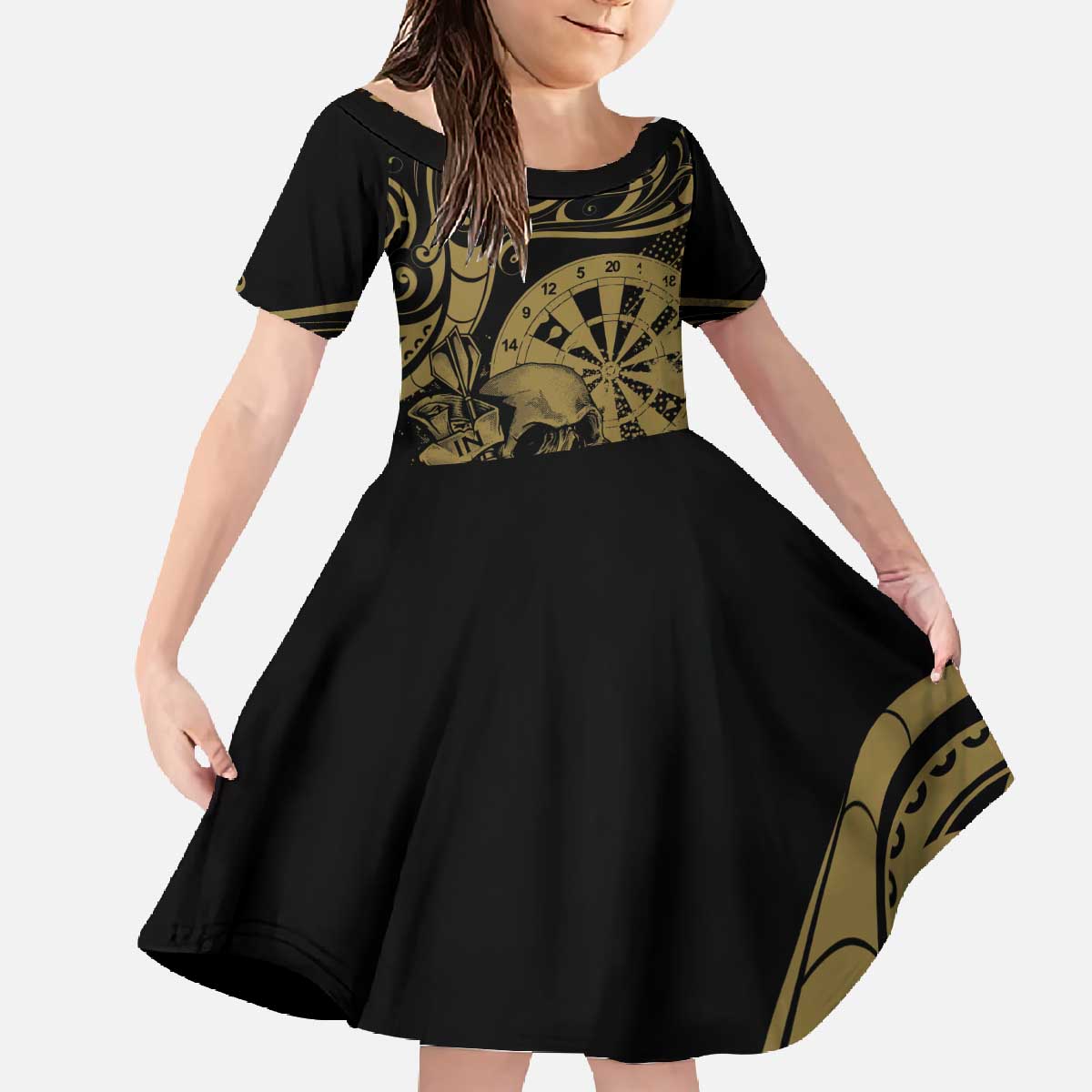New Zealand Darts Family Matching Off The Shoulder Long Sleeve Dress and Hawaiian Shirt Skull In Dart We Trust Maori Pattern LT14 Daughter's Dress Gold - Polynesian Pride