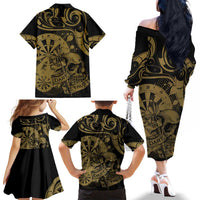 New Zealand Darts Family Matching Off The Shoulder Long Sleeve Dress and Hawaiian Shirt Skull In Dart We Trust Maori Pattern LT14 - Polynesian Pride