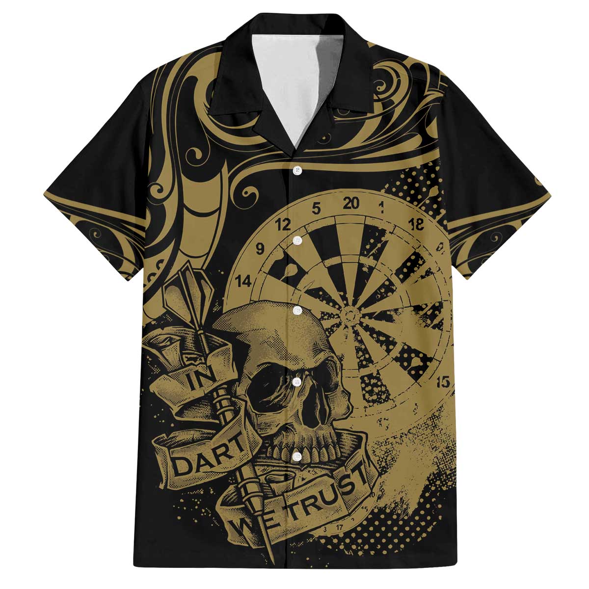New Zealand Darts Family Matching Off The Shoulder Long Sleeve Dress and Hawaiian Shirt Skull In Dart We Trust Maori Pattern LT14 Dad's Shirt - Short Sleeve Gold - Polynesian Pride