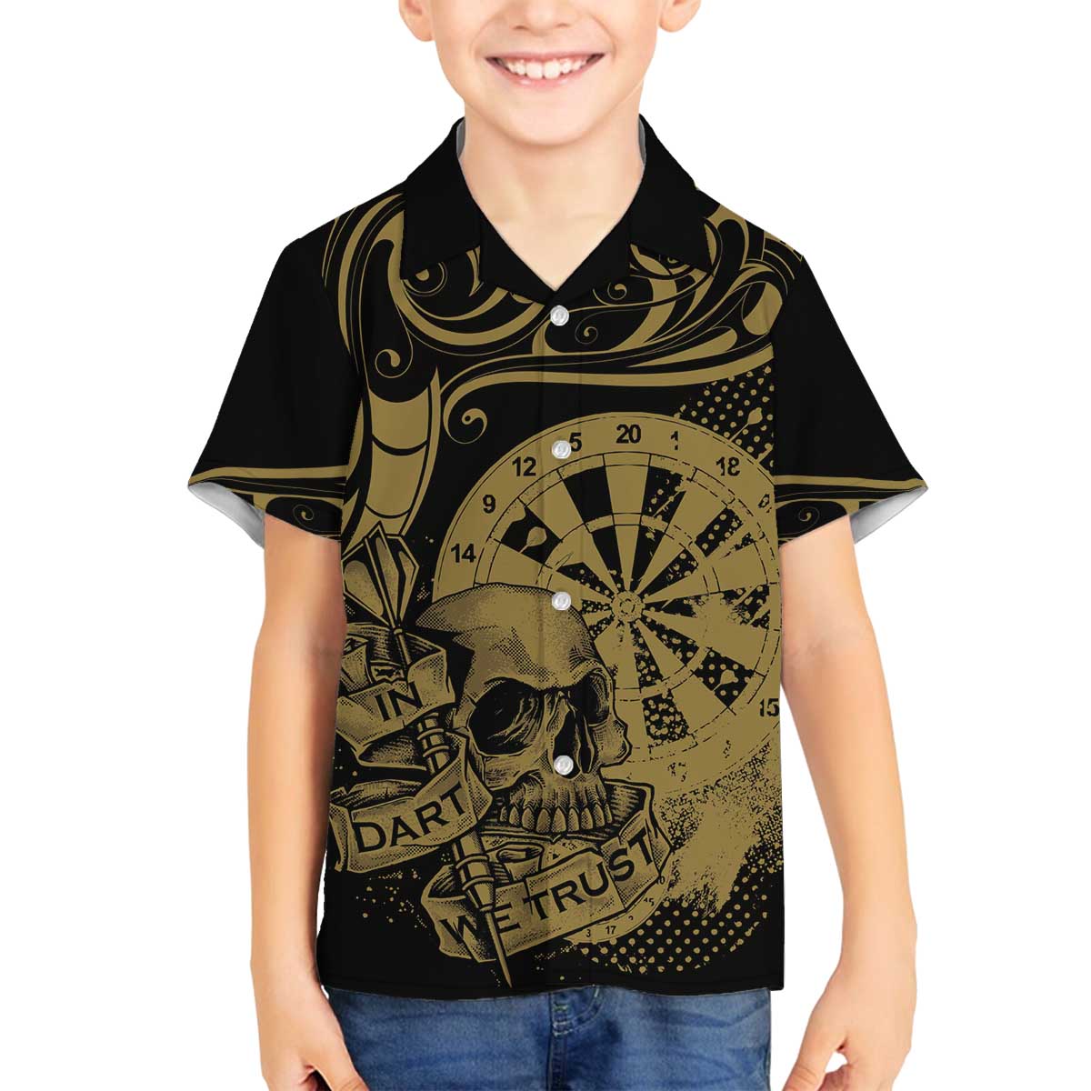 New Zealand Darts Family Matching Off The Shoulder Long Sleeve Dress and Hawaiian Shirt Skull In Dart We Trust Maori Pattern LT14 Son's Shirt Gold - Polynesian Pride