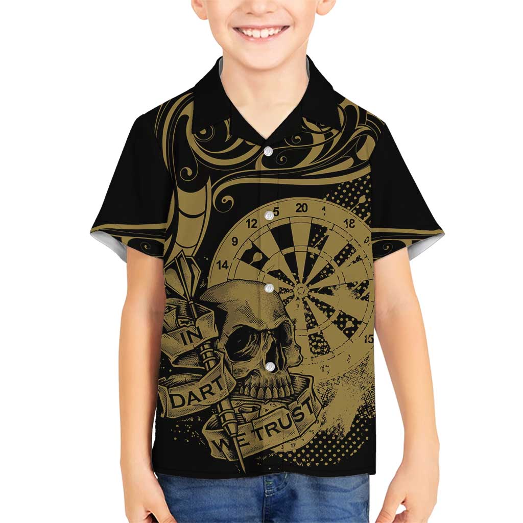 New Zealand Darts Family Matching Off Shoulder Maxi Dress and Hawaiian Shirt Skull In Dart We Trust Maori Pattern LT14 Son's Shirt Gold - Polynesian Pride