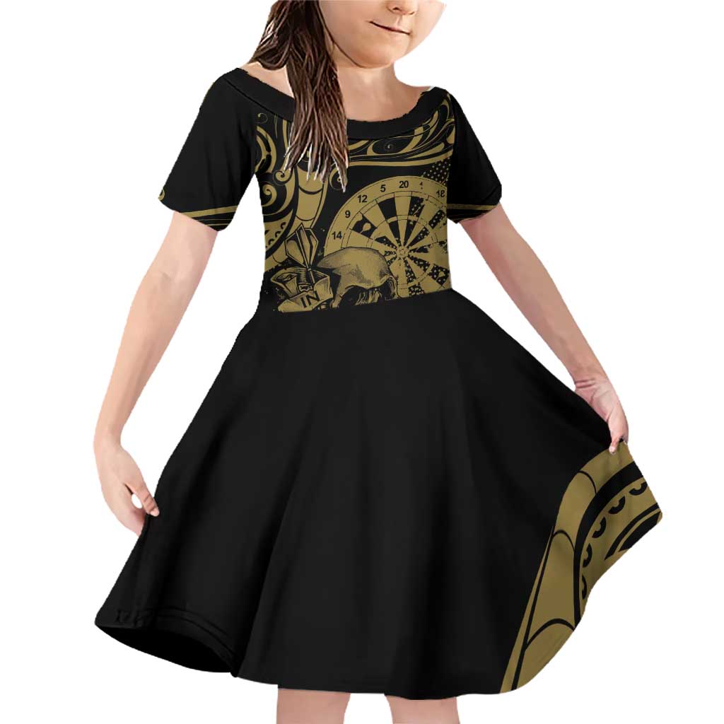 New Zealand Darts Family Matching Off Shoulder Short Dress and Hawaiian Shirt Skull In Dart We Trust Maori Pattern LT14 Daughter's Dress Gold - Polynesian Pride