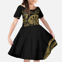 New Zealand Darts Family Matching Puletasi and Hawaiian Shirt Skull In Dart We Trust Maori Pattern LT14 Daughter's Dress Gold - Polynesian Pride