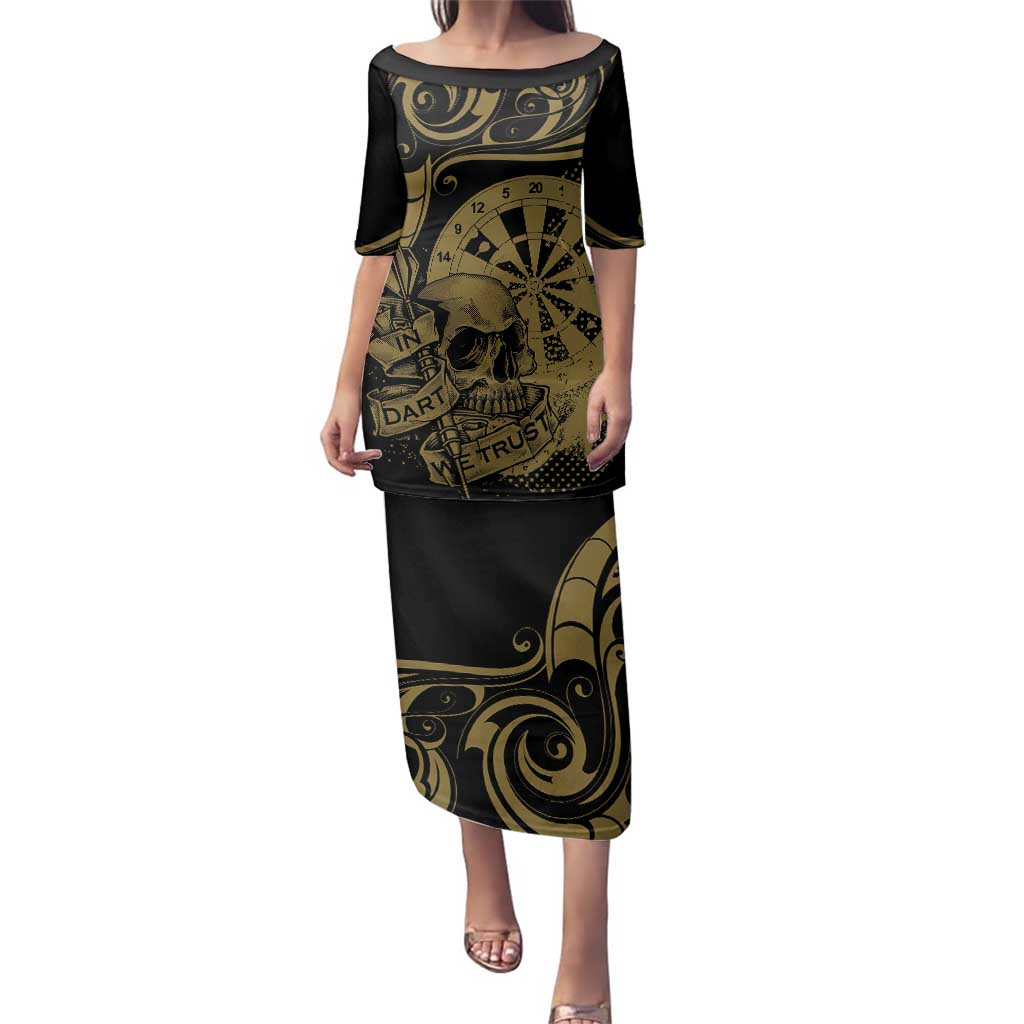 New Zealand Darts Family Matching Puletasi and Hawaiian Shirt Skull In Dart We Trust Maori Pattern LT14 Mom's Dress Gold - Polynesian Pride