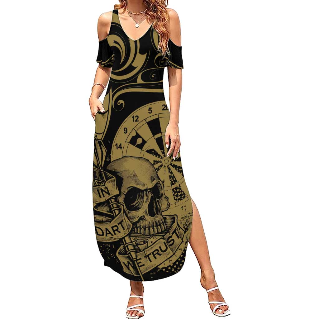 New Zealand Darts Family Matching Summer Maxi Dress and Hawaiian Shirt Skull In Dart We Trust Maori Pattern LT14 Mom's Dress Gold - Polynesian Pride