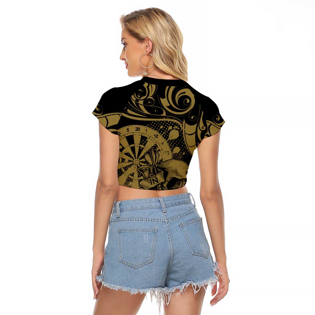 New Zealand Darts Raglan Cropped T Shirt Skull In Dart We Trust Maori Pattern - Polynesian Pride