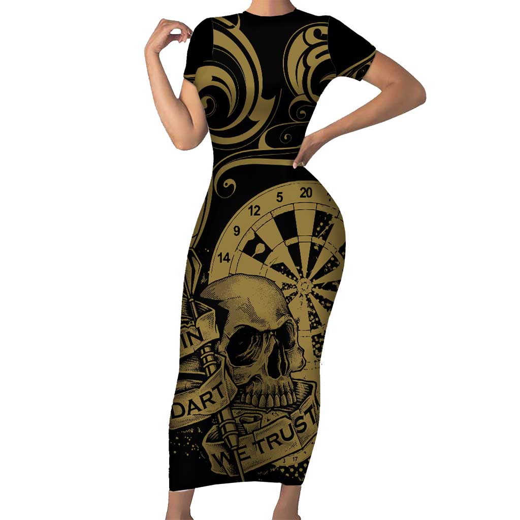 New Zealand Darts Short Sleeve Bodycon Dress Skull In Dart We Trust Maori Pattern - Polynesian Pride