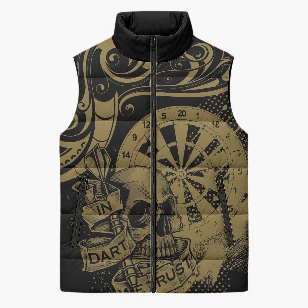 New Zealand Darts Sleeveless Puffer Jacket Skull In Dart We Trust Maori Pattern - Polynesian Pride