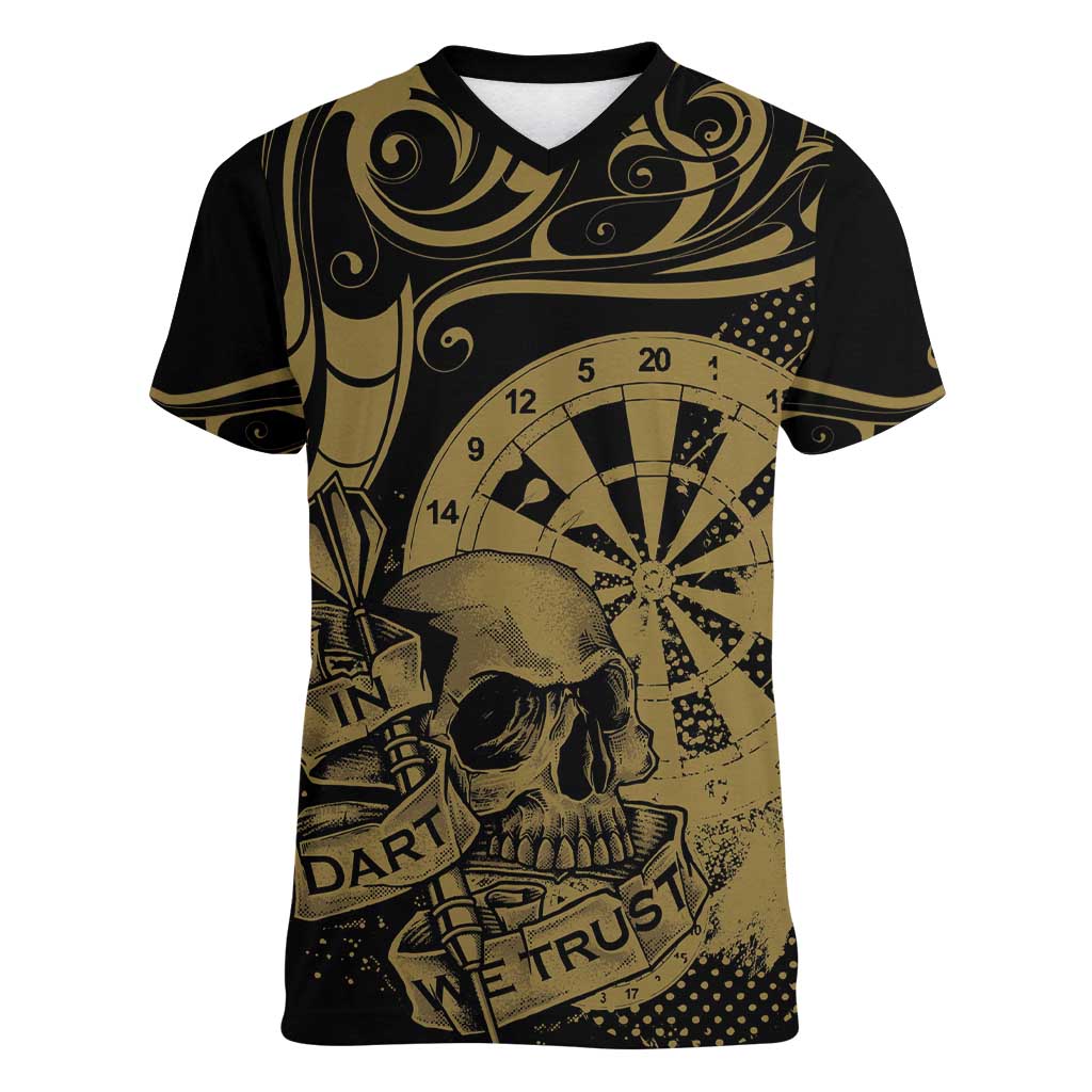 New Zealand Darts Women V-Neck T-Shirt Skull In Dart We Trust Maori Pattern - Polynesian Pride