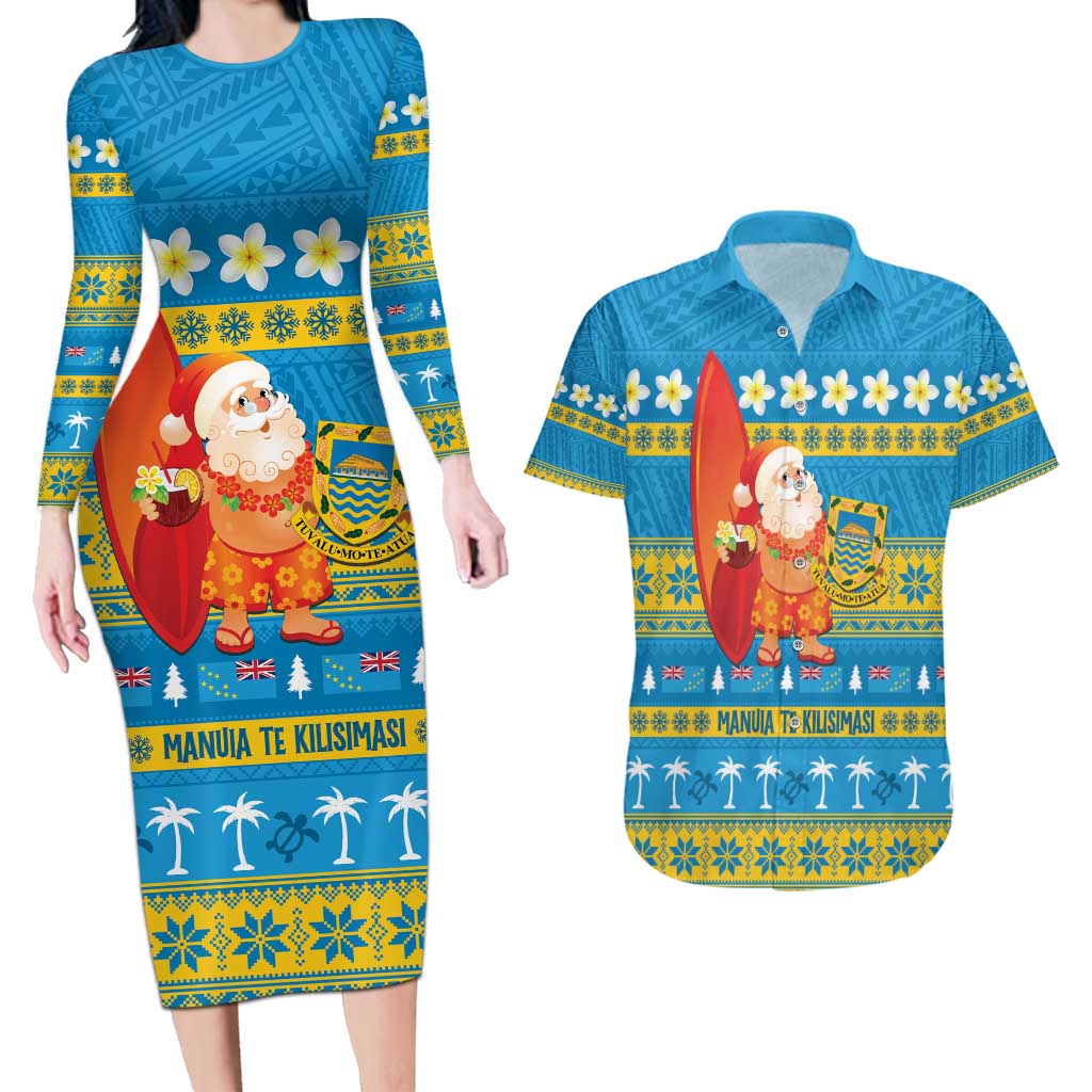 Tuvalu Christmas Couples Matching Long Sleeve Bodycon Dress and Hawaiian Shirt Cute Santa Manuia te Kilisimasi LT14 Blue - Polynesian Pride