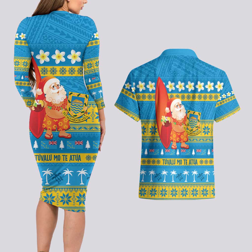 Tuvalu Christmas Couples Matching Long Sleeve Bodycon Dress and Hawaiian Shirt Cute Santa Manuia te Kilisimasi LT14 - Polynesian Pride