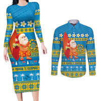 Tuvalu Christmas Couples Matching Long Sleeve Bodycon Dress and Long Sleeve Button Shirt Cute Santa Manuia te Kilisimasi LT14 Blue - Polynesian Pride