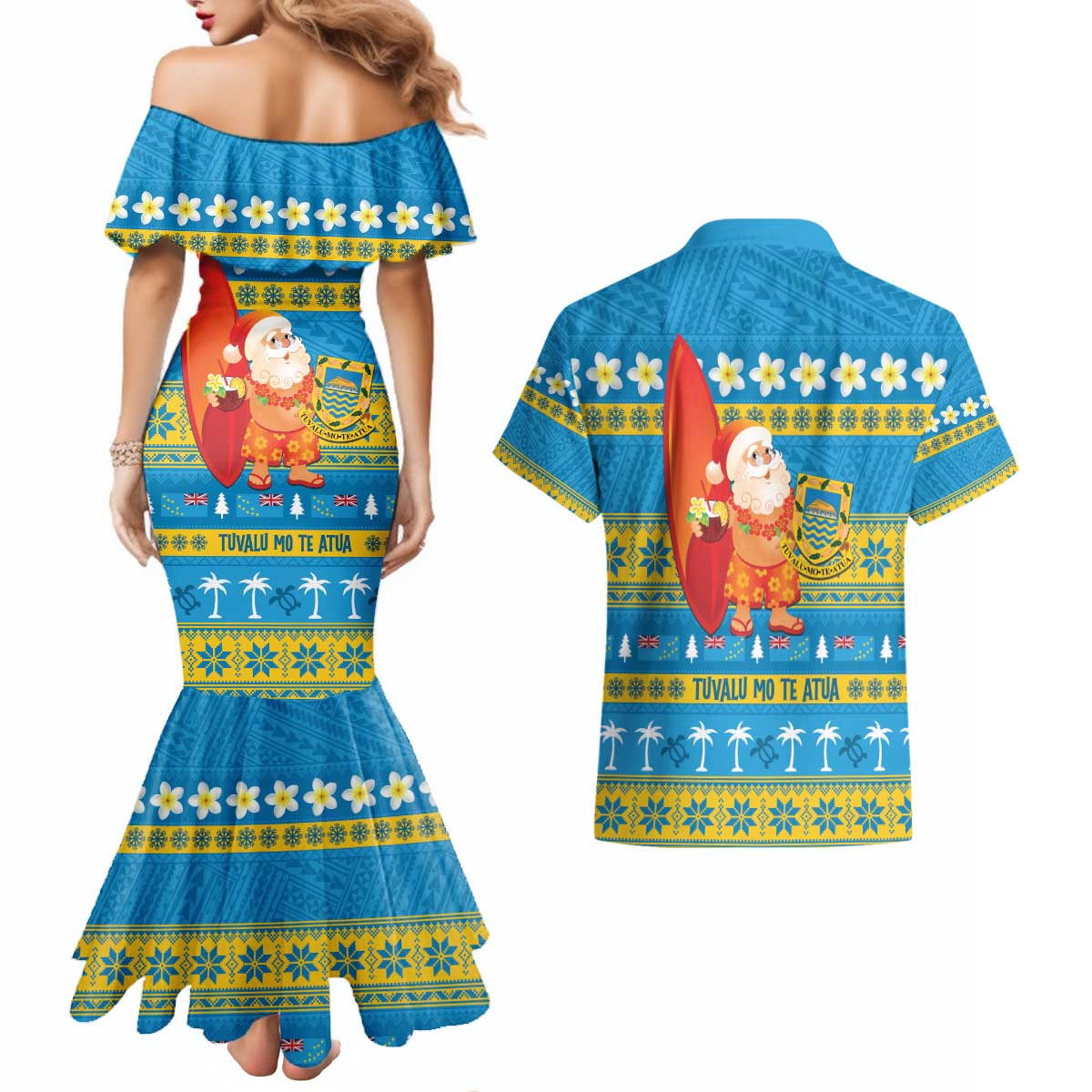 Tuvalu Christmas Couples Matching Mermaid Dress and Hawaiian Shirt Cute Santa Manuia te Kilisimasi LT14 - Polynesian Pride