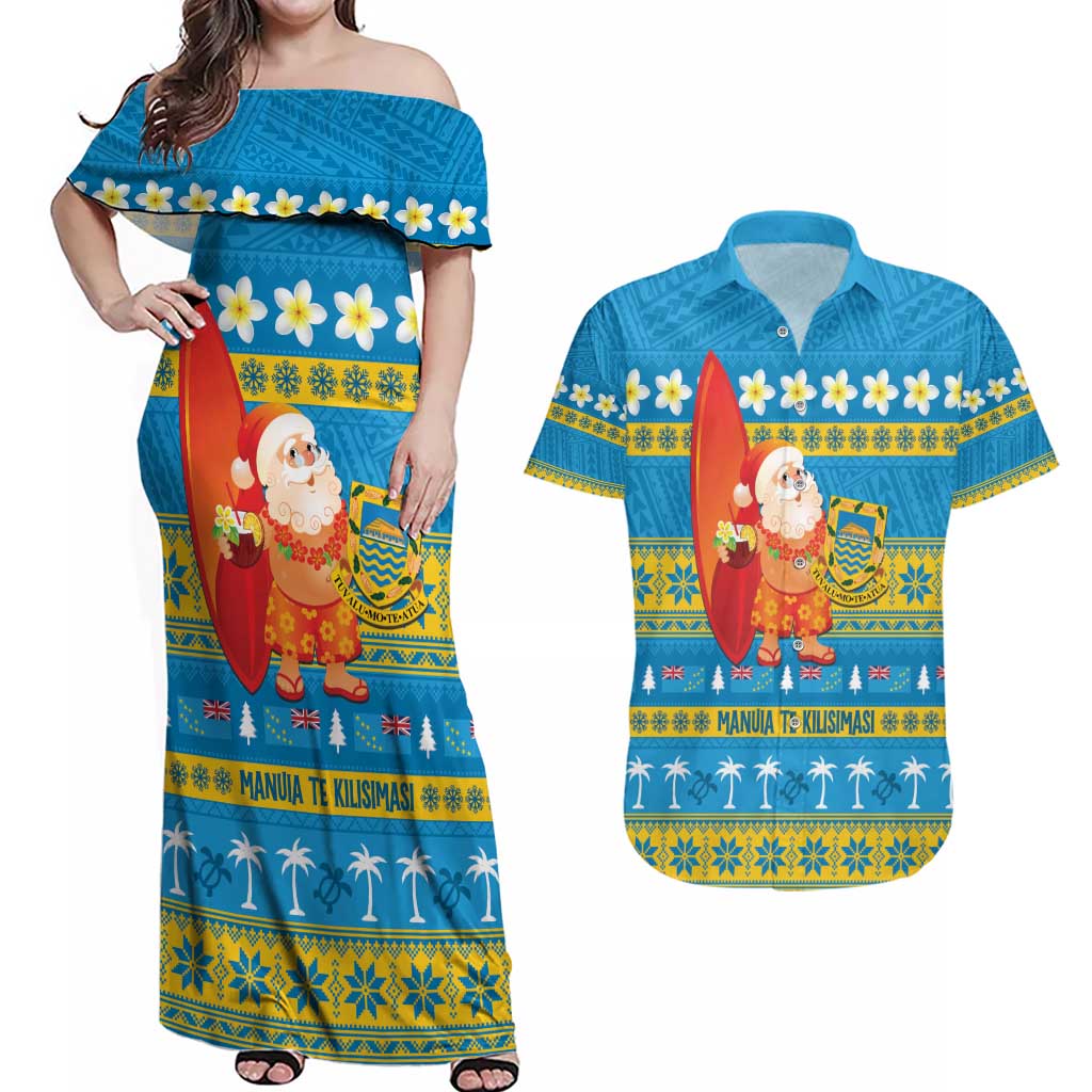 Tuvalu Christmas Couples Matching Off Shoulder Maxi Dress and Hawaiian Shirt Cute Santa Manuia te Kilisimasi - Polynesian Pride