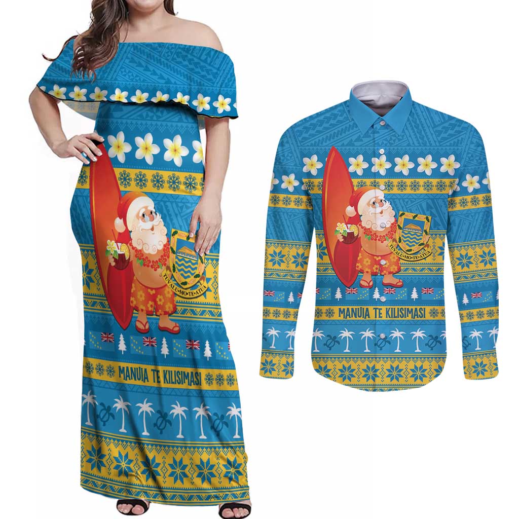 Tuvalu Christmas Couples Matching Off Shoulder Maxi Dress and Long Sleeve Button Shirt Cute Santa Manuia te Kilisimasi - Polynesian Pride