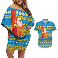 Tuvalu Christmas Couples Matching Off Shoulder Short Dress and Hawaiian Shirt Cute Santa Manuia te Kilisimasi LT14 Blue - Polynesian Pride