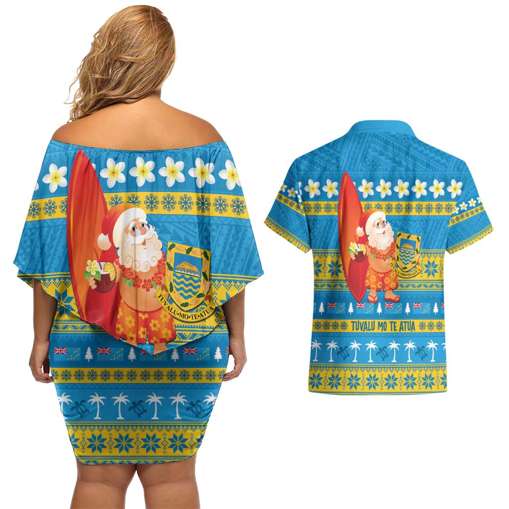 Tuvalu Christmas Couples Matching Off Shoulder Short Dress and Hawaiian Shirt Cute Santa Manuia te Kilisimasi LT14 - Polynesian Pride