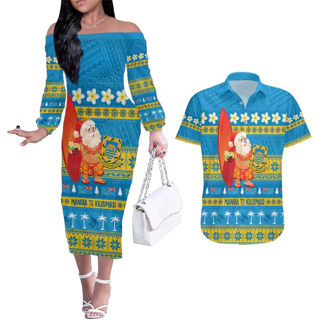 Tuvalu Christmas Couples Matching Off The Shoulder Long Sleeve Dress and Hawaiian Shirt Cute Santa Manuia te Kilisimasi LT14 Blue - Polynesian Pride