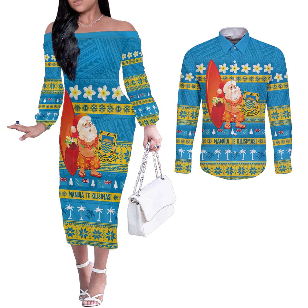 Tuvalu Christmas Couples Matching Off The Shoulder Long Sleeve Dress and Long Sleeve Button Shirt Cute Santa Manuia te Kilisimasi LT14 Blue - Polynesian Pride