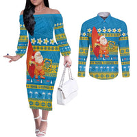 Tuvalu Christmas Couples Matching Off The Shoulder Long Sleeve Dress and Long Sleeve Button Shirt Cute Santa Manuia te Kilisimasi LT14 Blue - Polynesian Pride