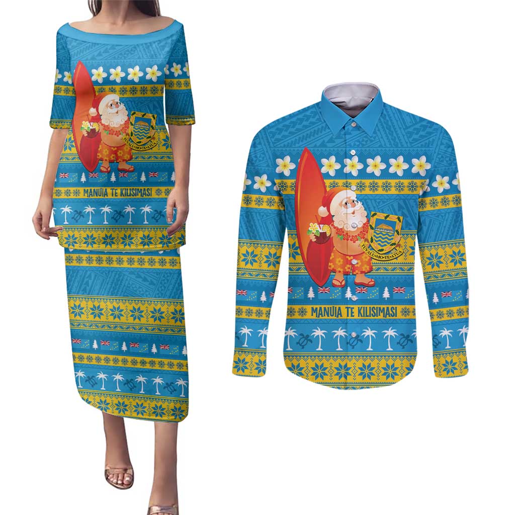 Tuvalu Christmas Couples Matching Puletasi and Long Sleeve Button Shirt Cute Santa Manuia te Kilisimasi - Polynesian Pride