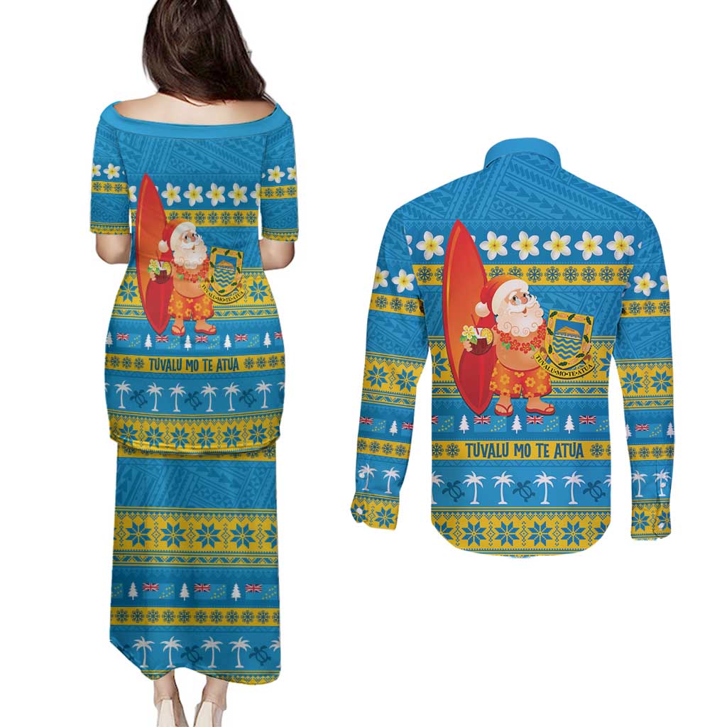 Tuvalu Christmas Couples Matching Puletasi and Long Sleeve Button Shirt Cute Santa Manuia te Kilisimasi - Polynesian Pride