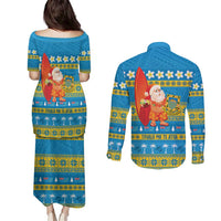 Tuvalu Christmas Couples Matching Puletasi and Long Sleeve Button Shirt Cute Santa Manuia te Kilisimasi - Polynesian Pride