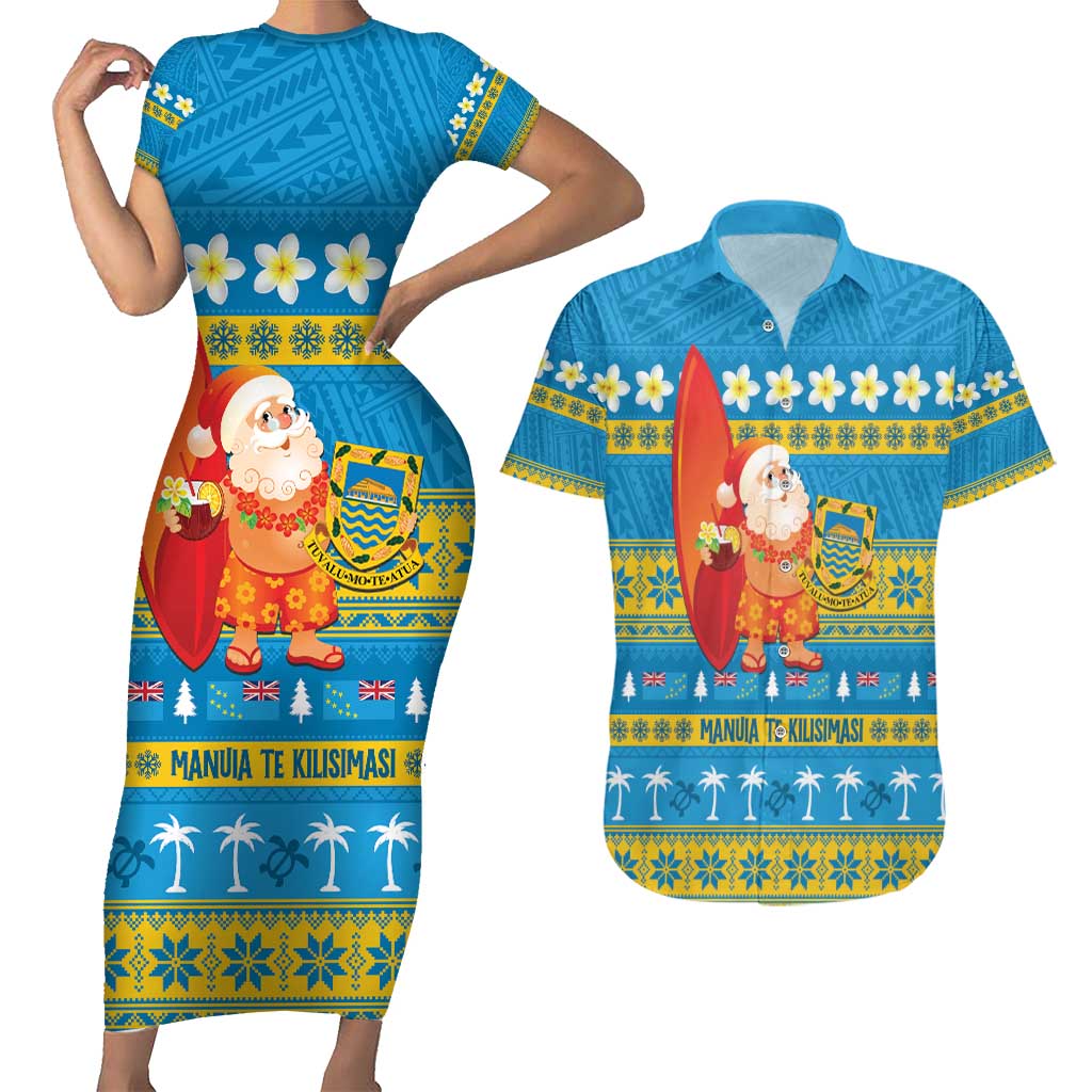 Tuvalu Christmas Couples Matching Short Sleeve Bodycon Dress and Hawaiian Shirt Cute Santa Manuia te Kilisimasi LT14 Blue - Polynesian Pride