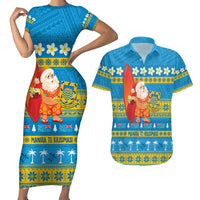 Tuvalu Christmas Couples Matching Short Sleeve Bodycon Dress and Hawaiian Shirt Cute Santa Manuia te Kilisimasi LT14 Blue - Polynesian Pride