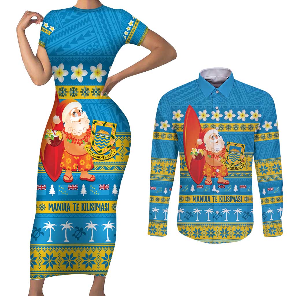 Tuvalu Christmas Couples Matching Short Sleeve Bodycon Dress and Long Sleeve Button Shirt Cute Santa Manuia te Kilisimasi LT14 Blue - Polynesian Pride