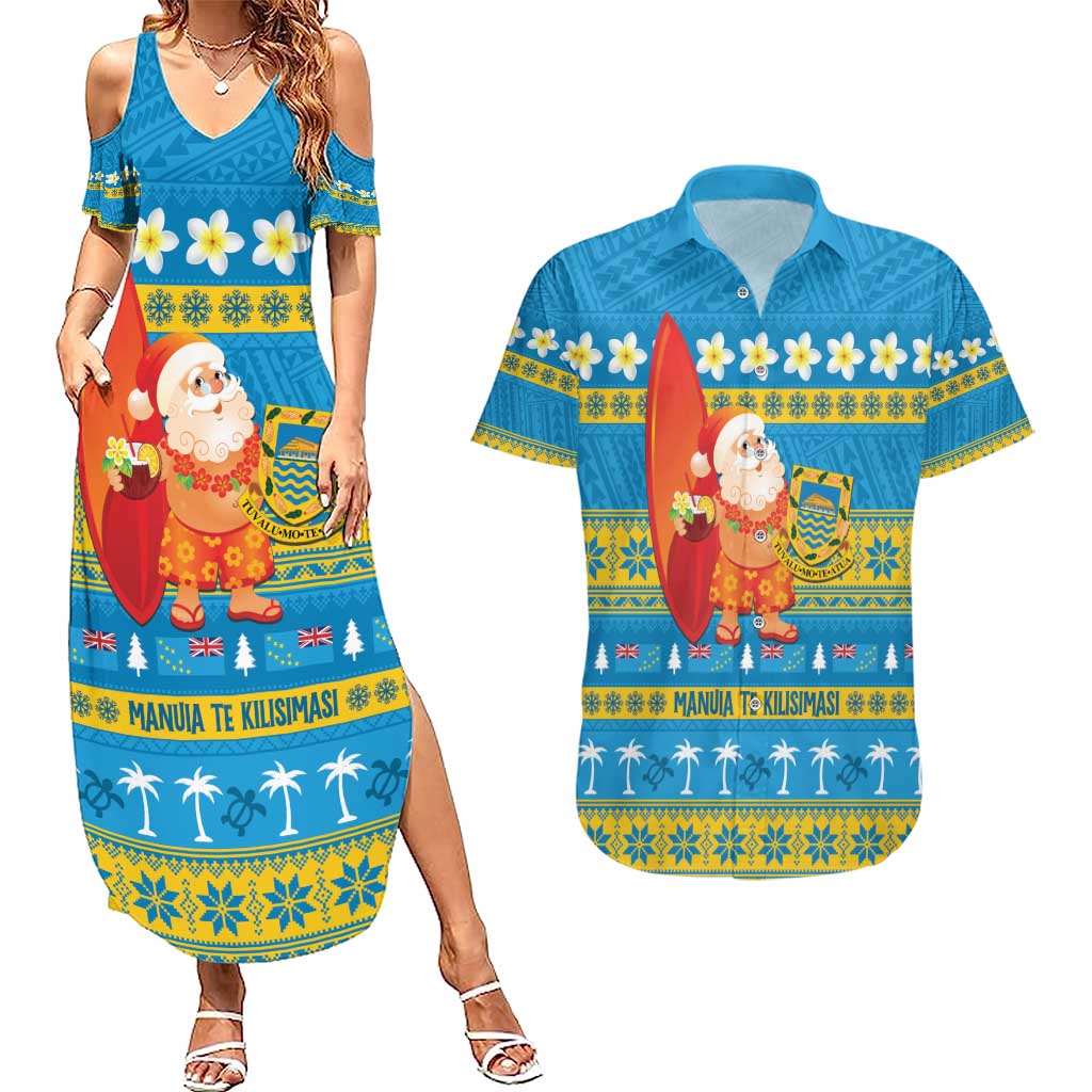 Tuvalu Christmas Couples Matching Summer Maxi Dress and Hawaiian Shirt Cute Santa Manuia te Kilisimasi - Polynesian Pride