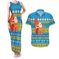 Tuvalu Christmas Couples Matching Tank Maxi Dress and Hawaiian Shirt Cute Santa Manuia te Kilisimasi LT14 Blue - Polynesian Pride
