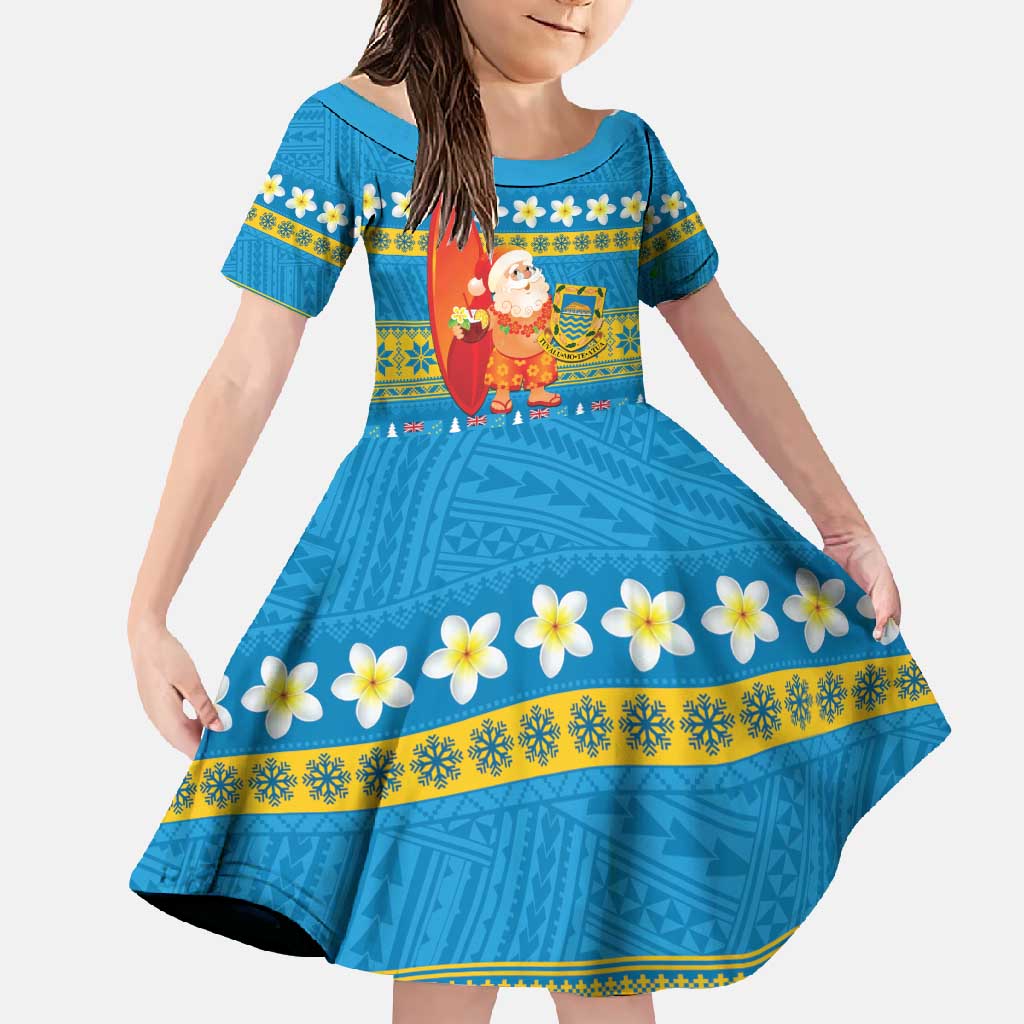 Tuvalu Christmas Family Matching Long Sleeve Bodycon Dress and Hawaiian Shirt Cute Santa Manuia te Kilisimasi LT14 Daughter's Dress Blue - Polynesian Pride