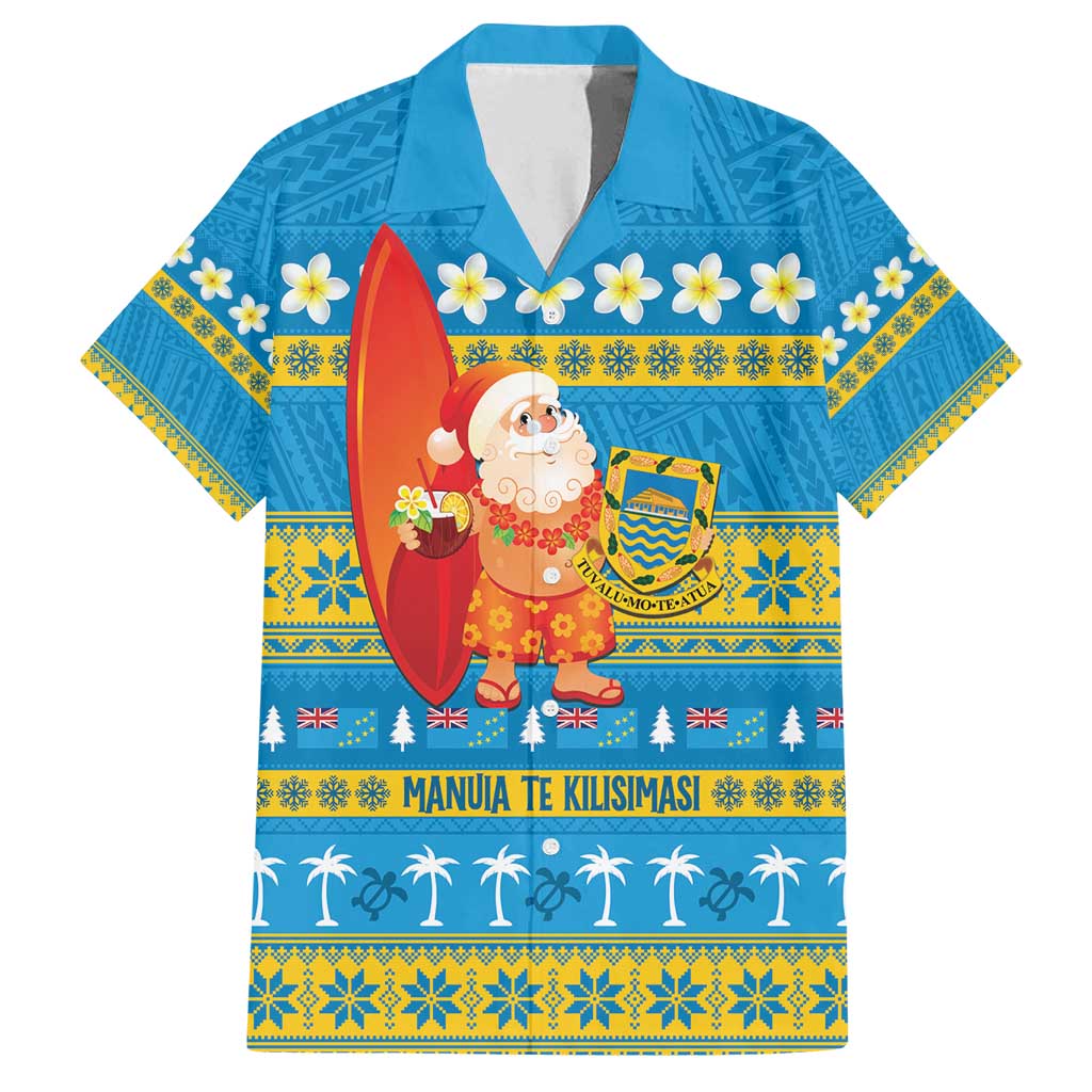 Tuvalu Christmas Family Matching Long Sleeve Bodycon Dress and Hawaiian Shirt Cute Santa Manuia te Kilisimasi LT14 Dad's Shirt - Short Sleeve Blue - Polynesian Pride