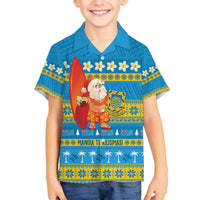 Tuvalu Christmas Family Matching Off The Shoulder Long Sleeve Dress and Hawaiian Shirt Cute Santa Manuia te Kilisimasi LT14 Son's Shirt Blue - Polynesian Pride