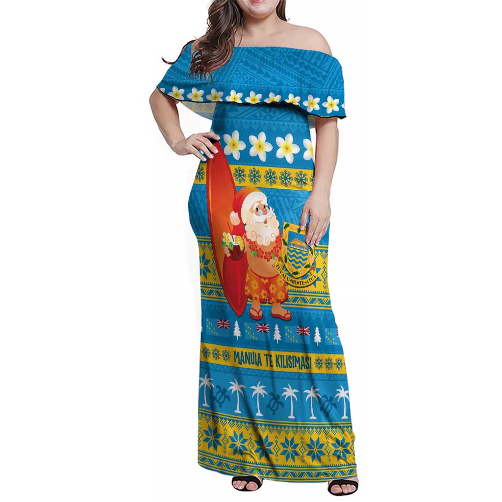 Tuvalu Christmas Family Matching Off Shoulder Maxi Dress and Hawaiian Shirt Cute Santa Manuia te Kilisimasi LT14 Mom's Dress Blue - Polynesian Pride