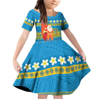 Tuvalu Christmas Family Matching Off Shoulder Short Dress and Hawaiian Shirt Cute Santa Manuia te Kilisimasi LT14 Daughter's Dress Blue - Polynesian Pride