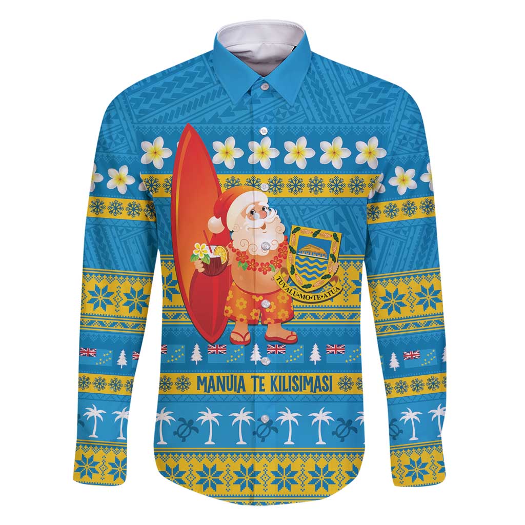 Tuvalu Christmas Family Matching Off Shoulder Short Dress and Hawaiian Shirt Cute Santa Manuia te Kilisimasi LT14 Dad's Shirt - Long Sleeve Blue - Polynesian Pride