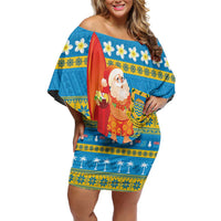 Tuvalu Christmas Family Matching Off Shoulder Short Dress and Hawaiian Shirt Cute Santa Manuia te Kilisimasi LT14 Mom's Dress Blue - Polynesian Pride