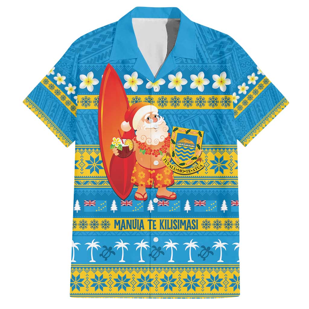 Tuvalu Christmas Family Matching Short Sleeve Bodycon Dress and Hawaiian Shirt Cute Santa Manuia te Kilisimasi LT14 Dad's Shirt - Short Sleeve Blue - Polynesian Pride