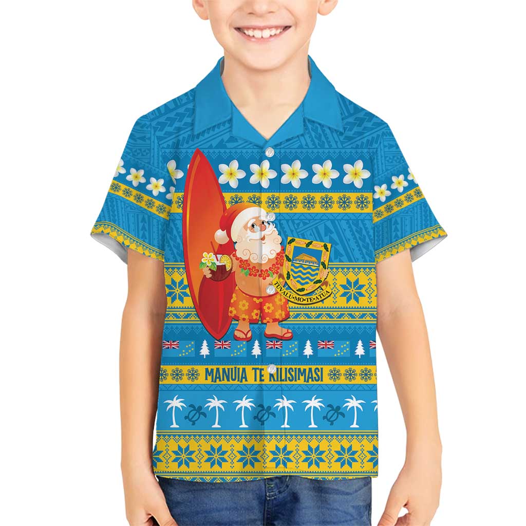 Tuvalu Christmas Family Matching Summer Maxi Dress and Hawaiian Shirt Cute Santa Manuia te Kilisimasi LT14 Son's Shirt Blue - Polynesian Pride