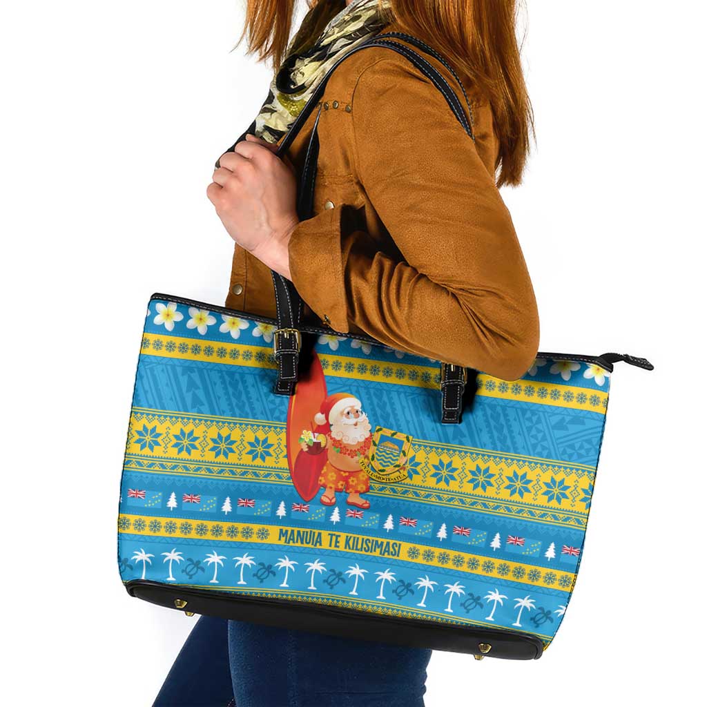 Tuvalu Christmas Leather Tote Bag Cute Santa Manuia te Kilisimasi LT14 Blue - Polynesian Pride