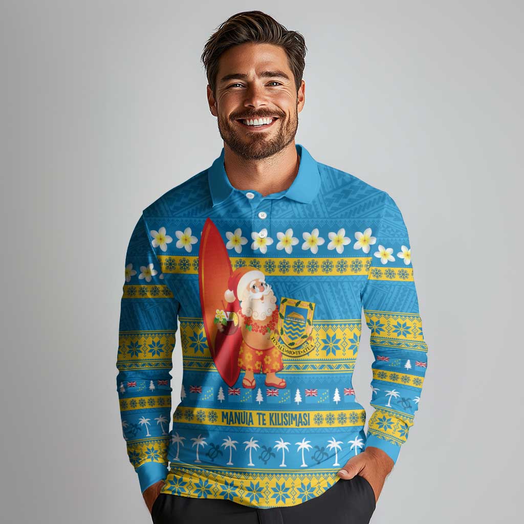 Tuvalu Christmas Long Sleeve Polo Shirt Cute Santa Manuia te Kilisimasi - Polynesian Pride
