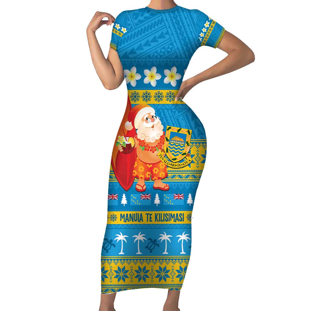 Tuvalu Christmas Short Sleeve Bodycon Dress Cute Santa Manuia te Kilisimasi - Polynesian Pride