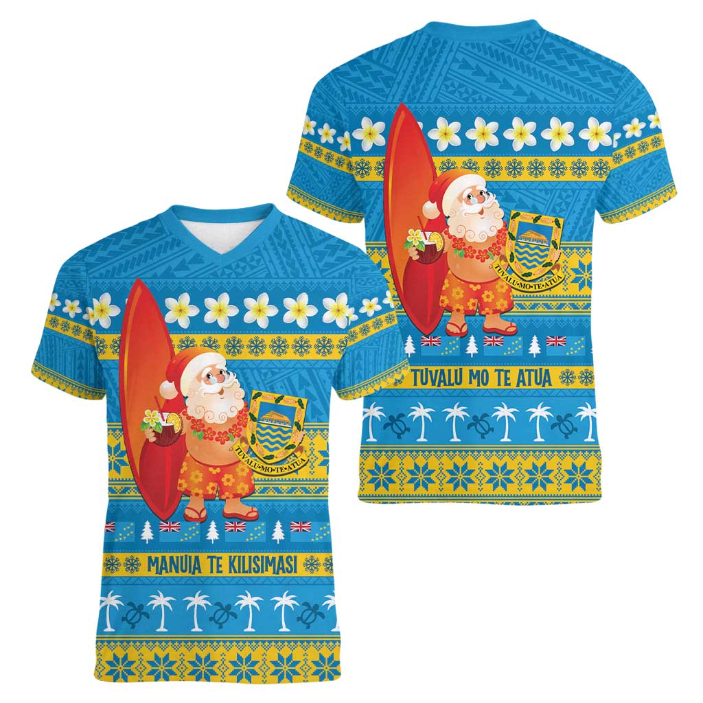 Tuvalu Christmas Women V-Neck T-Shirt Cute Santa Manuia te Kilisimasi - Polynesian Pride
